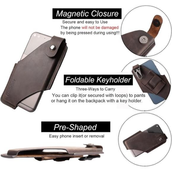 Leather Cell Phone holster with Belt Clip,Leather Phone pouch for iPhone Samsung - Picture 3 of 7